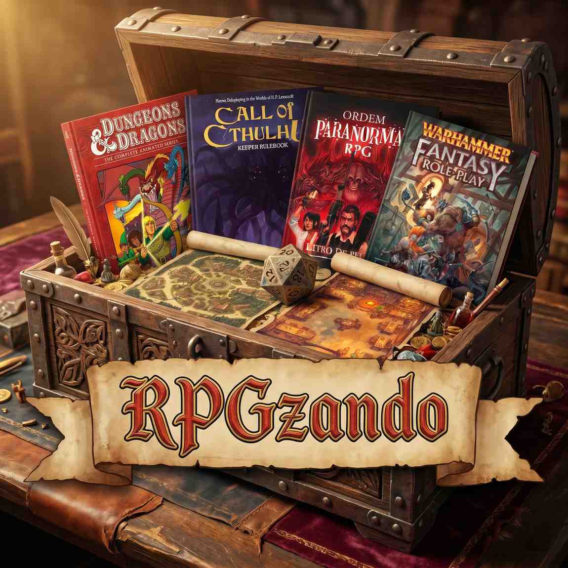 Baú aberto com o acervo RPGzando — mapas, livros e materiais de RPG